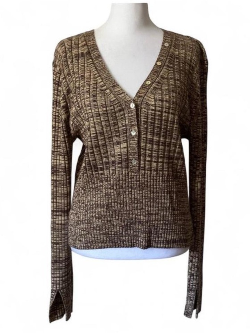 House of Harlow 1960 Brown Ribbed Knit Henley Button Up V neck Sweater size XL - Picture 2 of 9